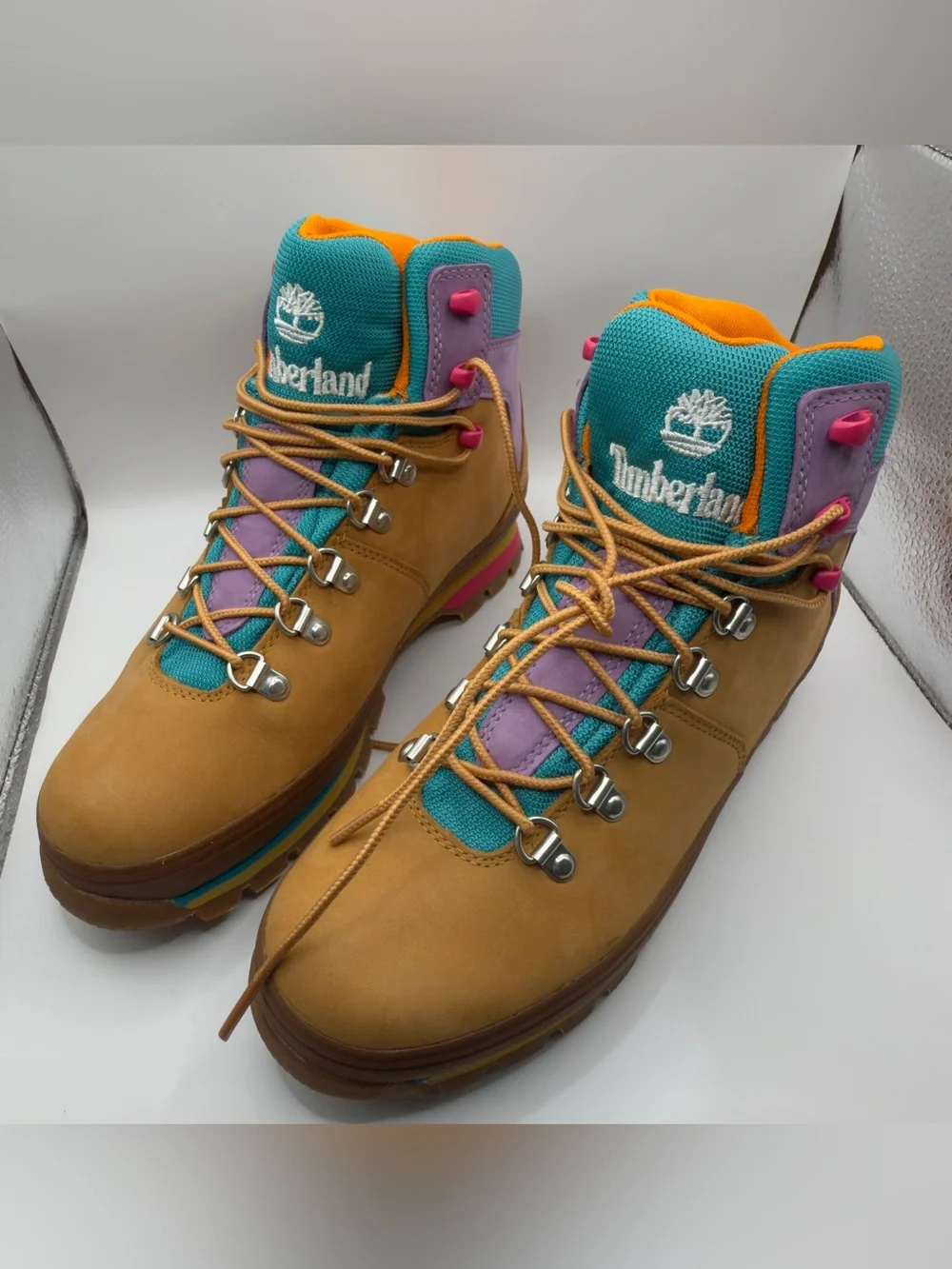 Timberland Women's Wheat Nubuck Boots with Teal and Purple Accents